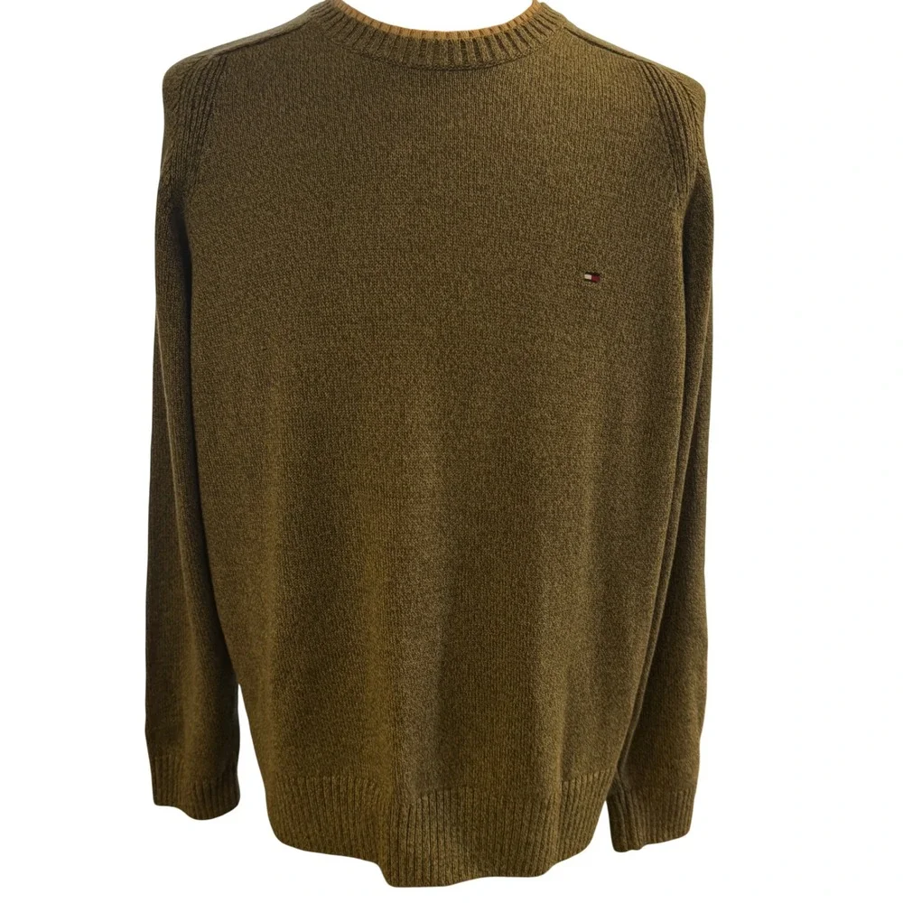 Tommy Hilfiger Mens XL Olive Green Marled Cotton Crewneck Sweater Pullover Logo